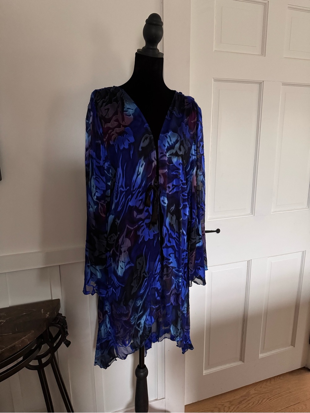 Blue & Purple Sheer Velvet Burnout Floral Duster Kimono
